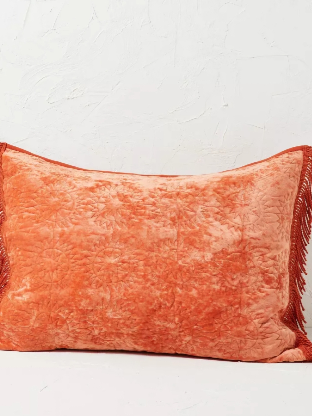 Opalhouse Rust Velvet Throw Pillow with Fringe Detail - Dark Peach Sun Motif